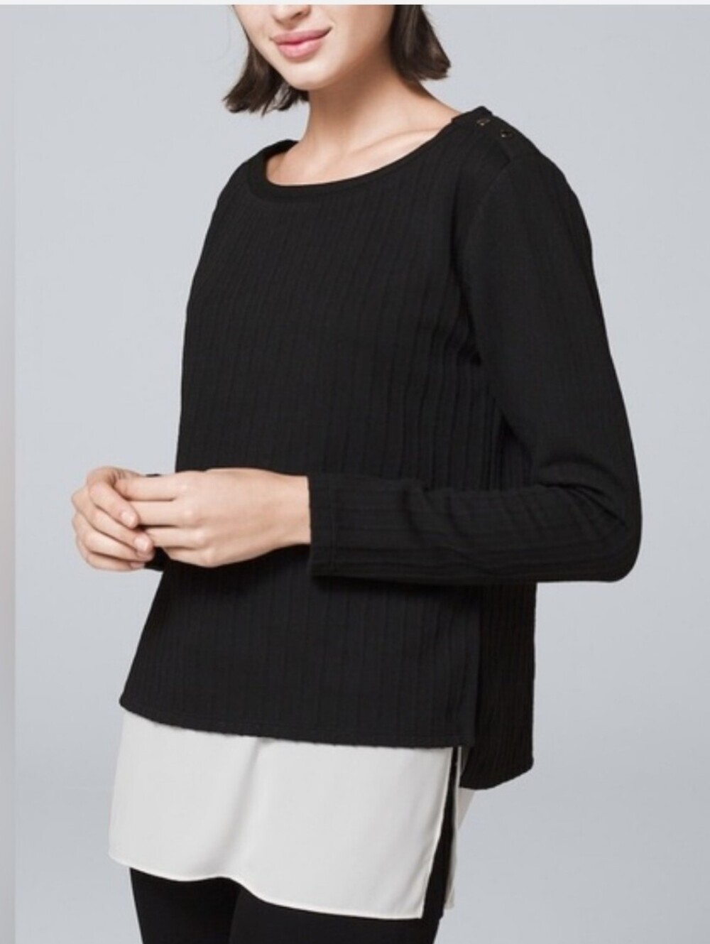 White House Black Market Layered Look Long Sleeve Ribbed Top Black Size Medium